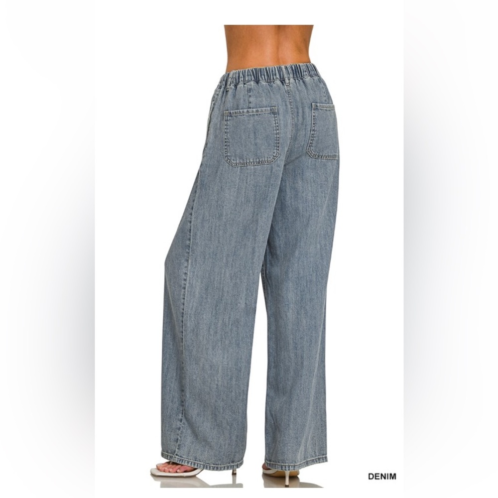 Zenana Wide Leg Denim Pants Drawstring Elastic Waist High Rise Medium NWT - Picture 9 of 13
